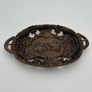 Antique Black Forest Wood Fruit Basket Hand Carved Leaf and Berries